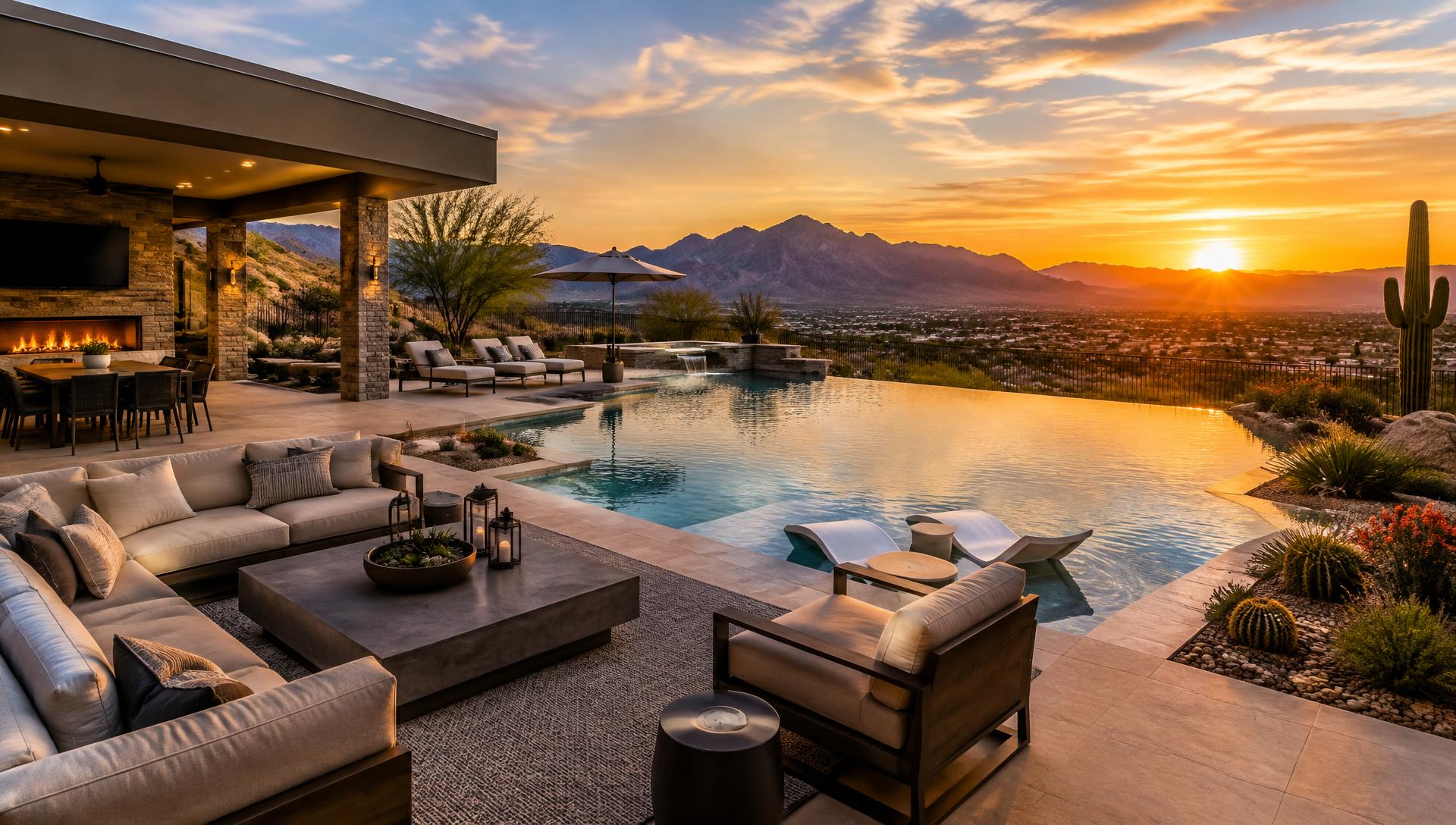 Henderson resort-style backyard with mountain views at golden hour