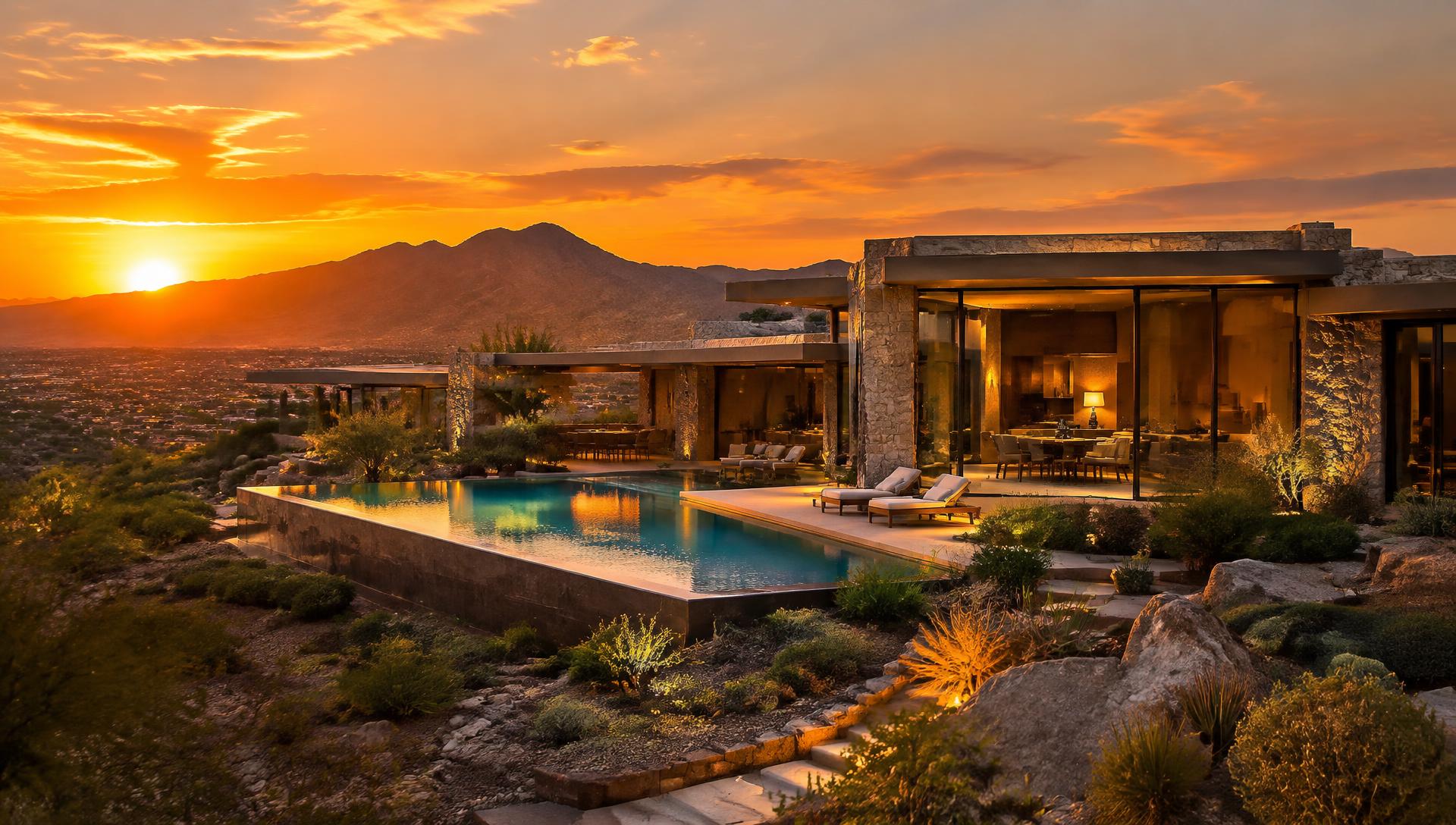 Contemporary Henderson luxury estate with infinity pool at sunset