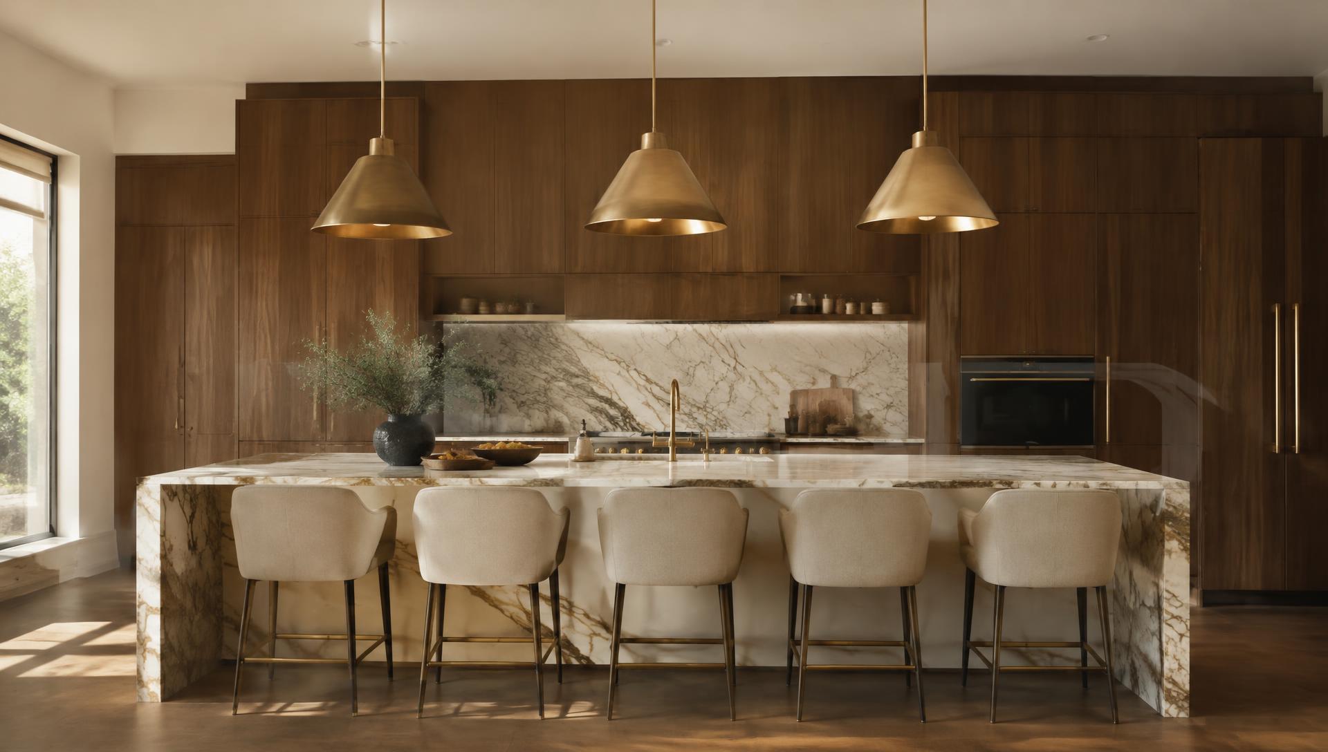 Marble kitchen island with bronze pendant lighting